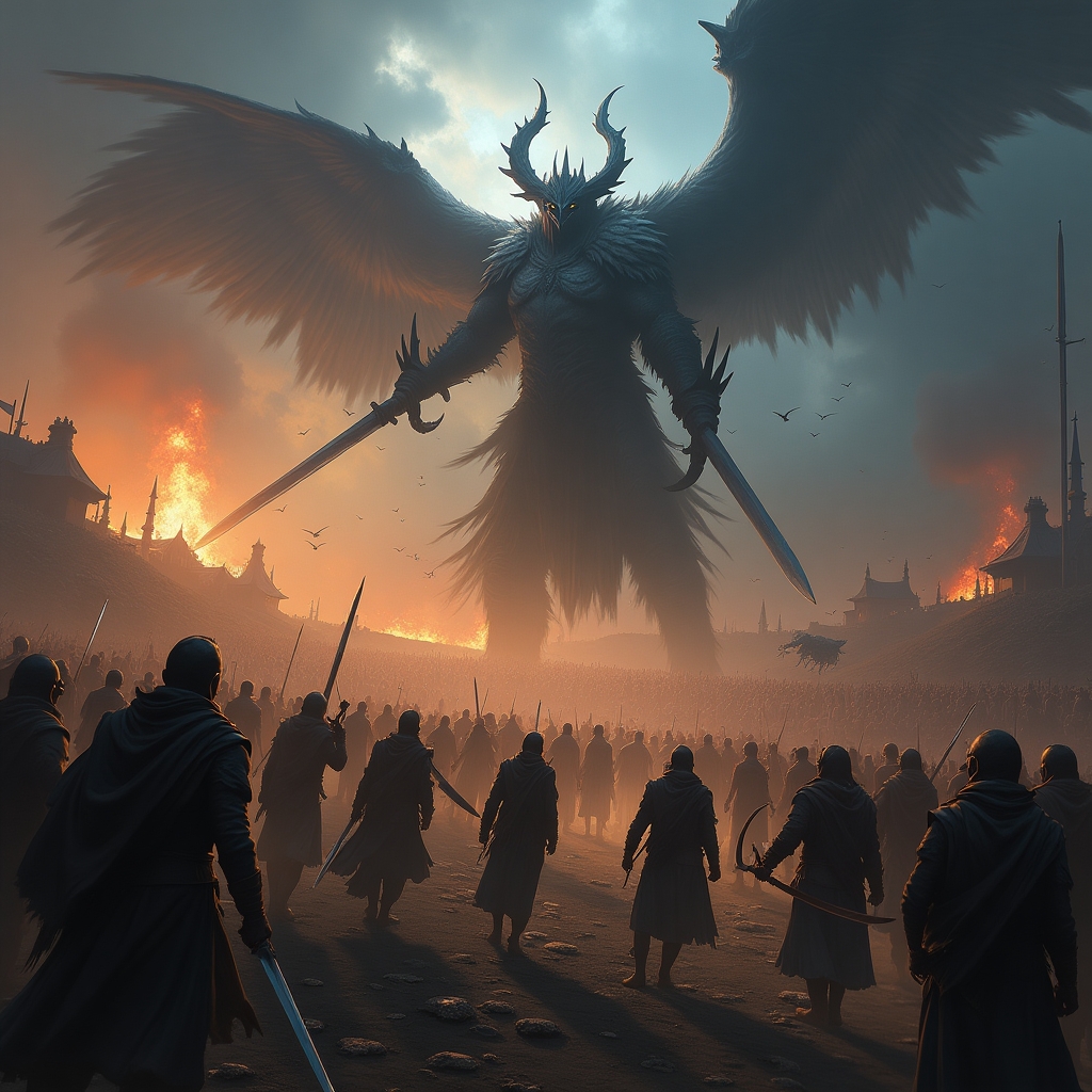 a large fantasy battle on a battlefield with various characters