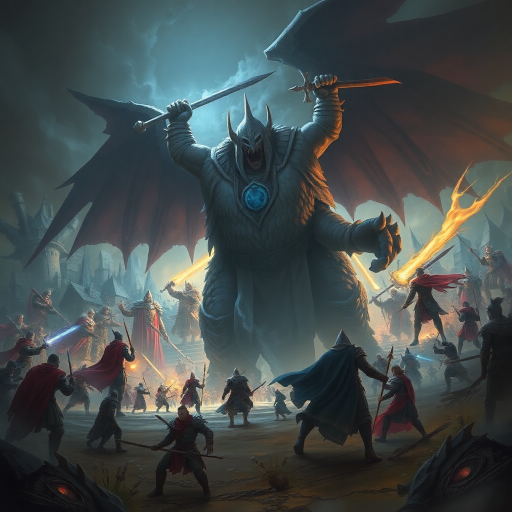 a large fantasy battle on a battlefield with various characters