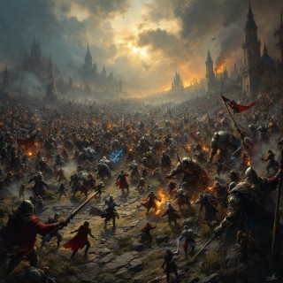 a large fantasy battle on a battlefield with various characters