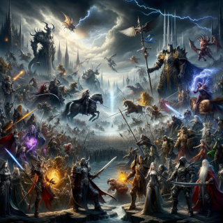 a large fantasy battle on a battlefield with various characters